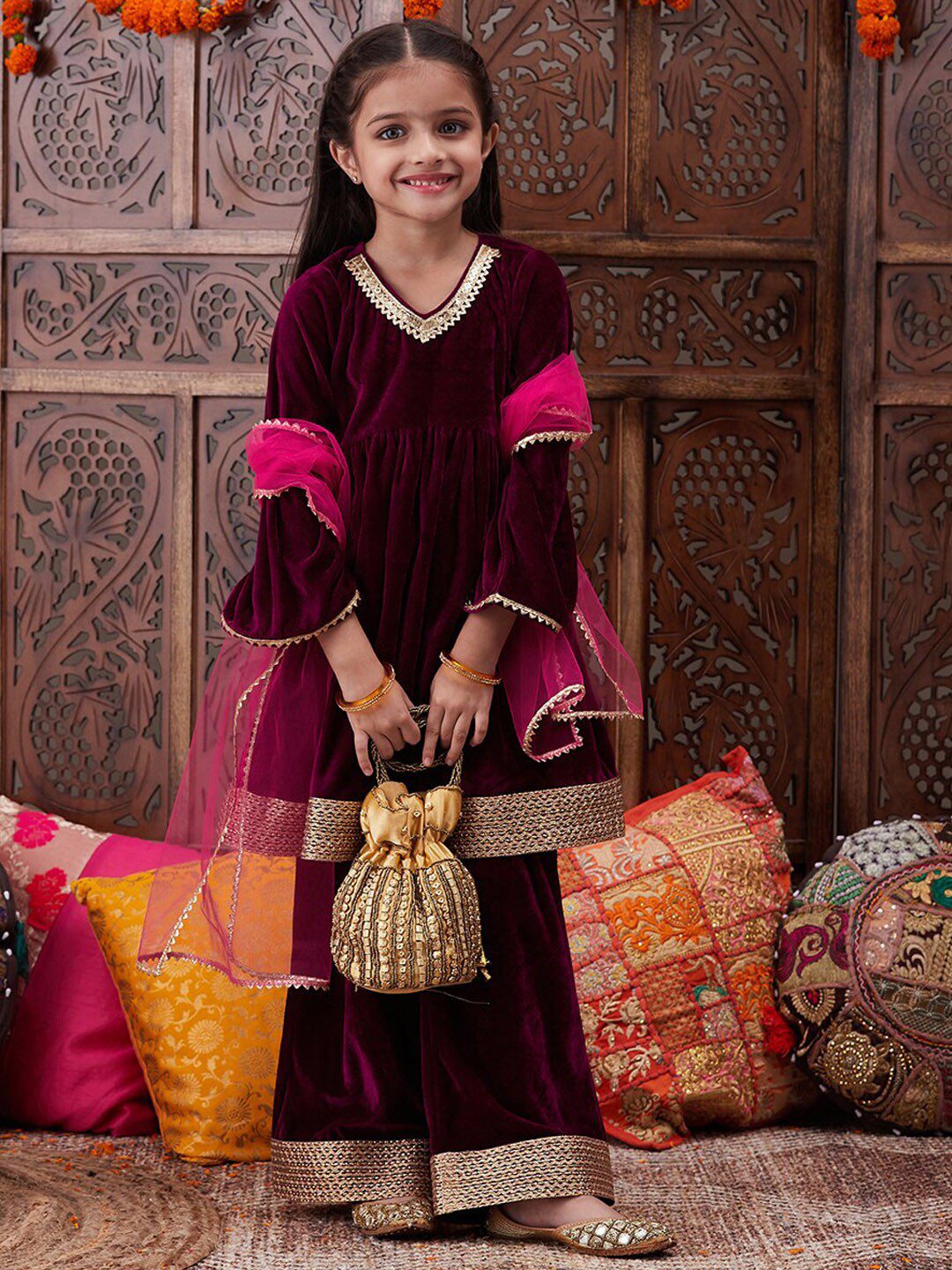Girls Regular Gotta Patti Velvet Kurta with Salwar & With Dupatta