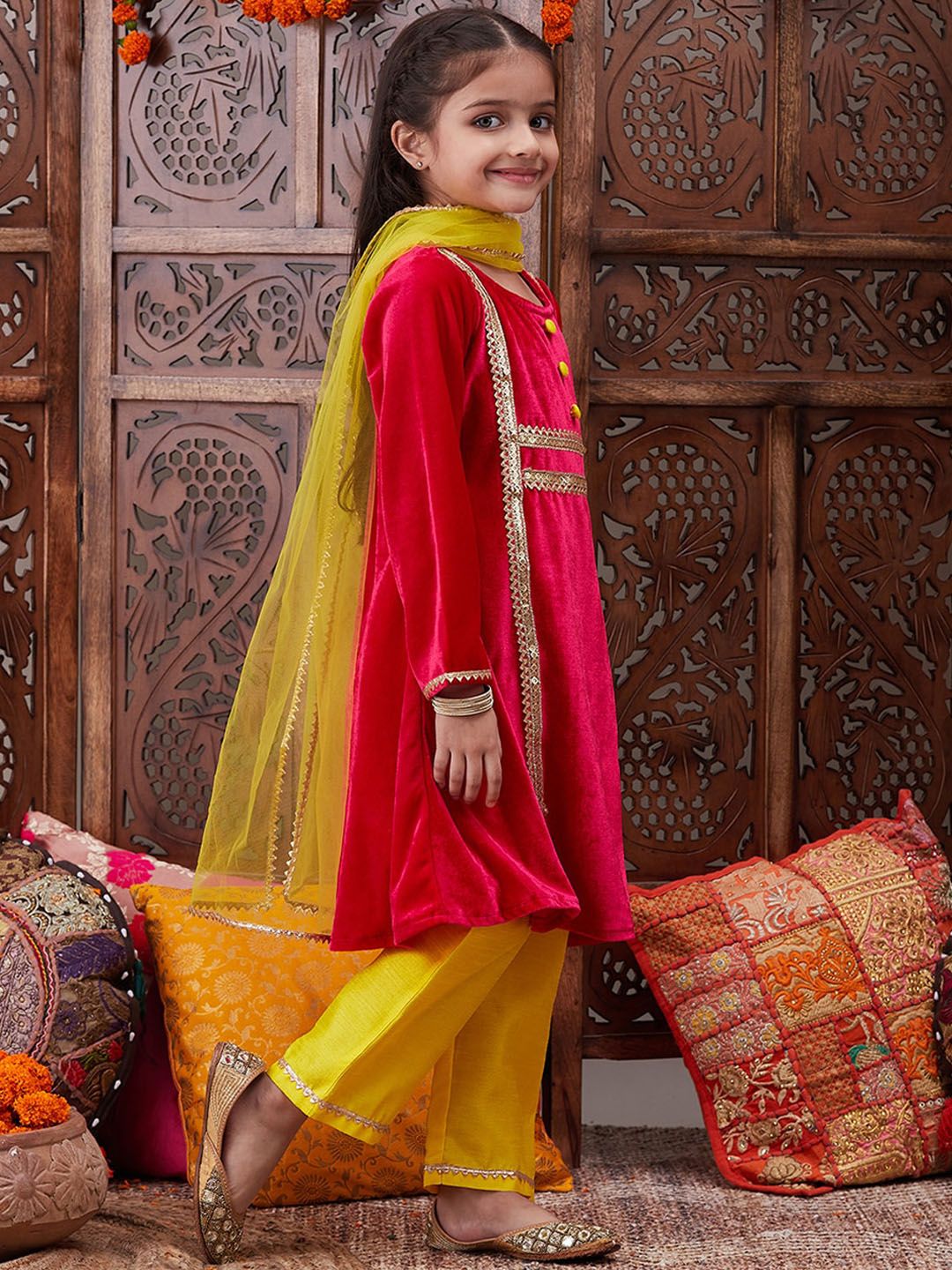 Girls Regular Gotta Patti Velvet Kurta with Salwar & With Dupatta
