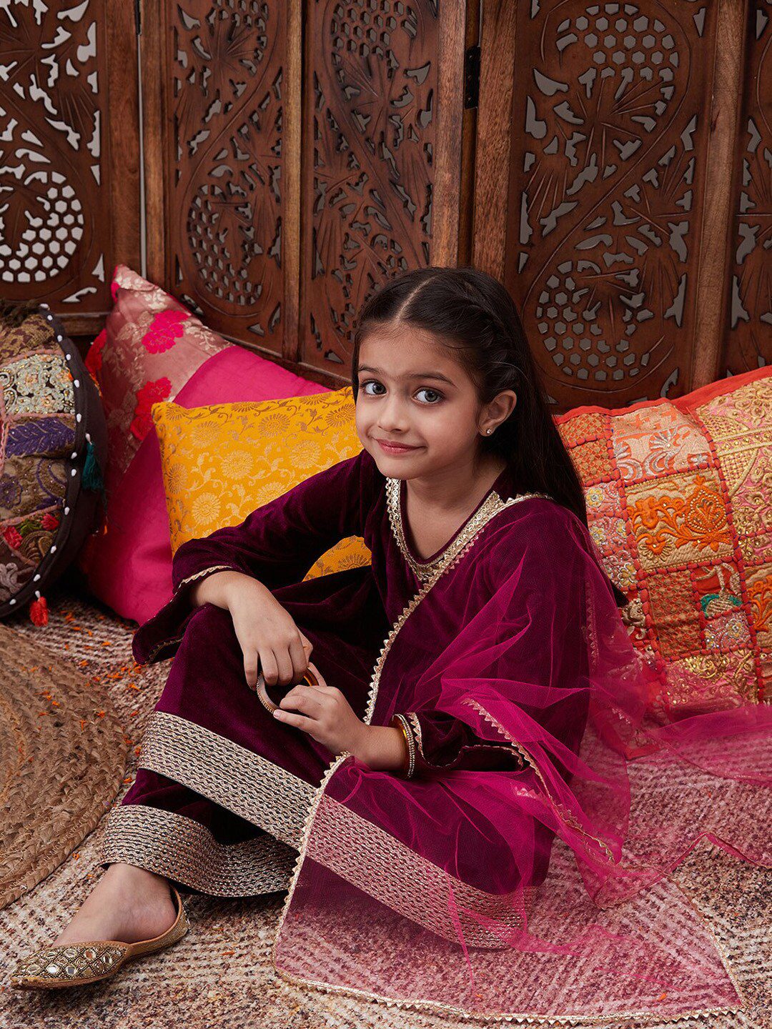 Girls Regular Gotta Patti Velvet Kurta with Salwar & With Dupatta