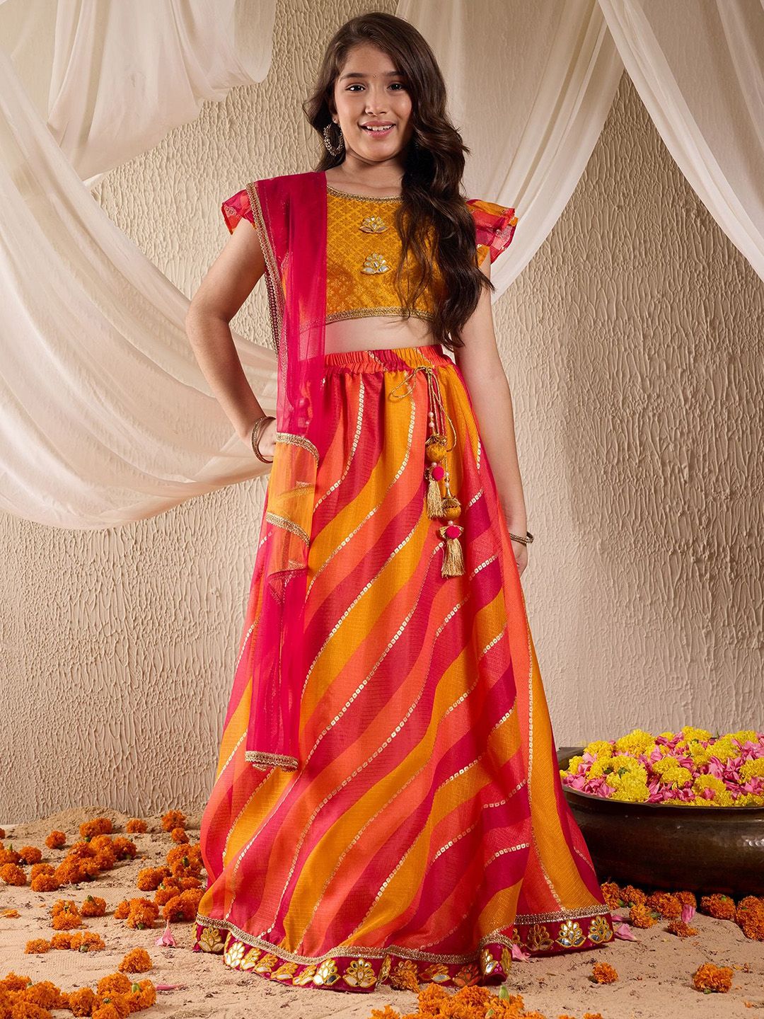 Girls Woven Design Flutter Sleeves Gotta Patti Ready to Wear Lehenga Choli