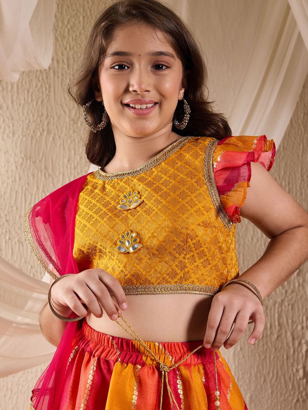 Girls Woven Design Flutter Sleeves Gotta Patti Ready to Wear Lehenga Choli