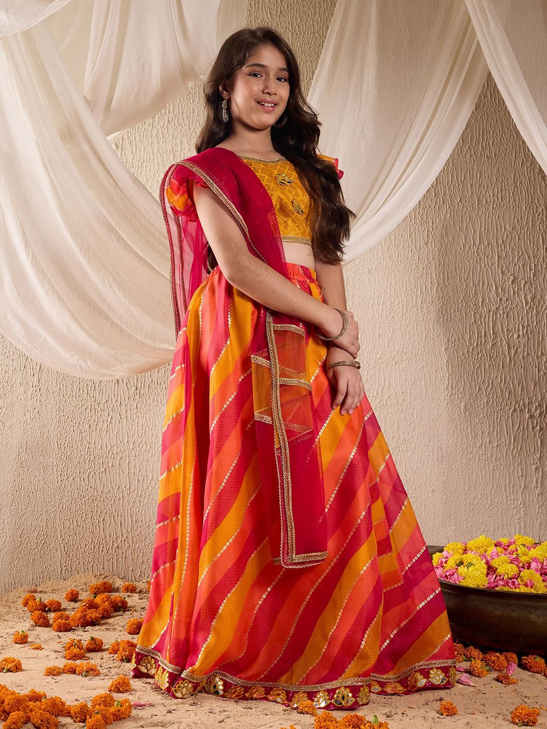 Girls Woven Design Flutter Sleeves Gotta Patti Ready to Wear Lehenga Choli