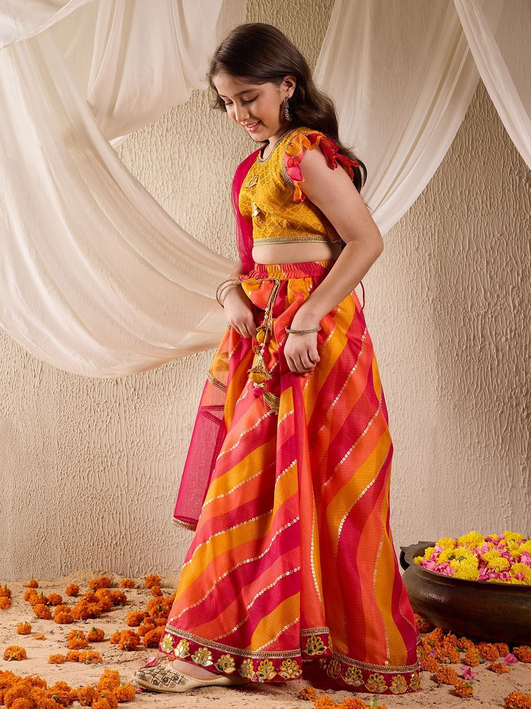 Girls Woven Design Flutter Sleeves Gotta Patti Ready to Wear Lehenga Choli
