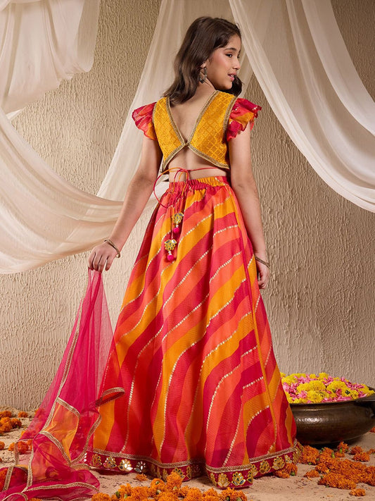 Girls Woven Design Flutter Sleeves Gotta Patti Ready to Wear Lehenga Choli