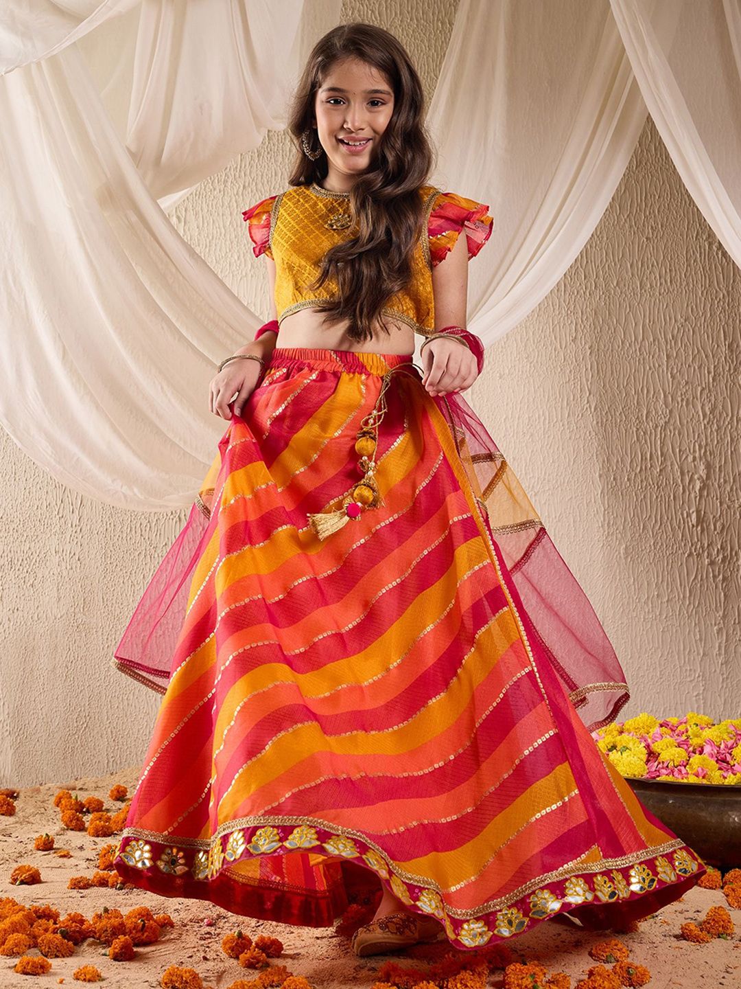 Girls Woven Design Flutter Sleeves Gotta Patti Ready to Wear Lehenga Choli