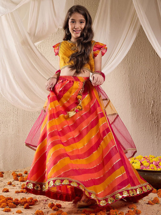 Girls Woven Design Flutter Sleeves Gotta Patti Ready to Wear Lehenga Choli