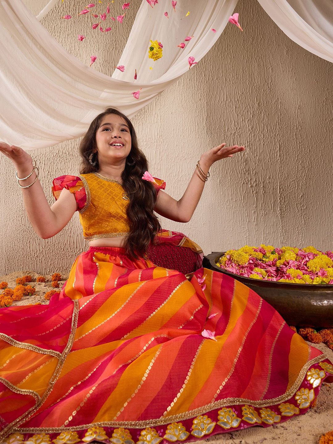 Girls Woven Design Flutter Sleeves Gotta Patti Ready to Wear Lehenga Choli
