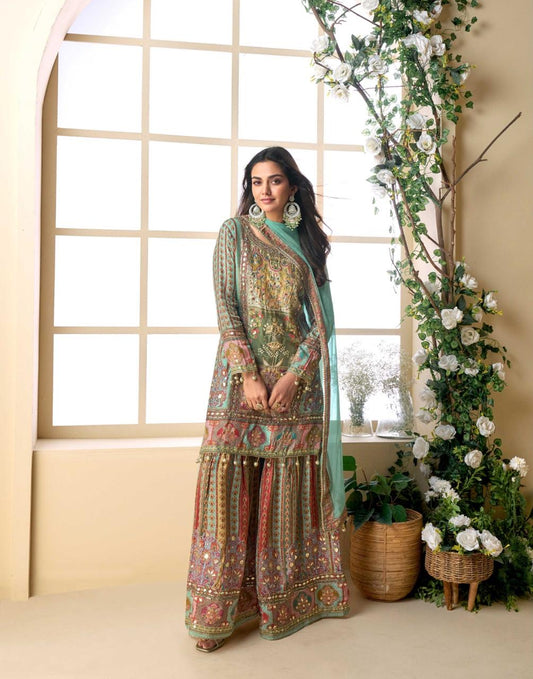 Sea Green Heavy Embroidered Kurta Sharara Set with Designer Dupatta