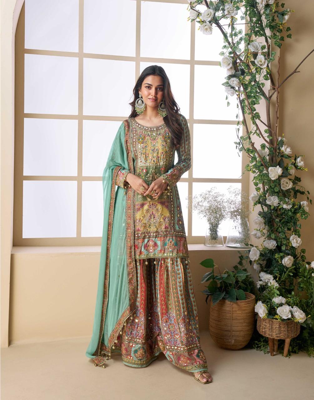 Sea Green Heavy Embroidered Kurta Sharara Set with Designer Dupatta