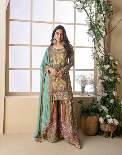 Sea Green Heavy Embroidered Kurta Sharara Set with Designer Dupatta