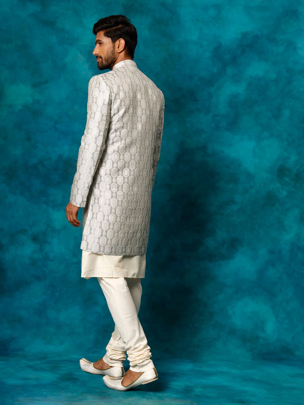 Grey Silk Blend Wedding Wear  Men's Indo Western Set