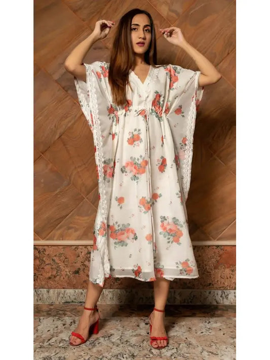 WHITE AND RED ORGANZA KAFTAN DRESS