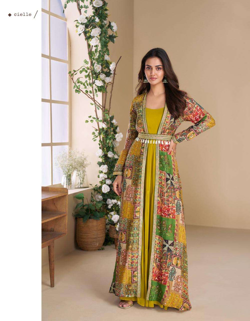 Mustard Yellow Ethnic Printed Jacket Style Anarkali Dress for Women