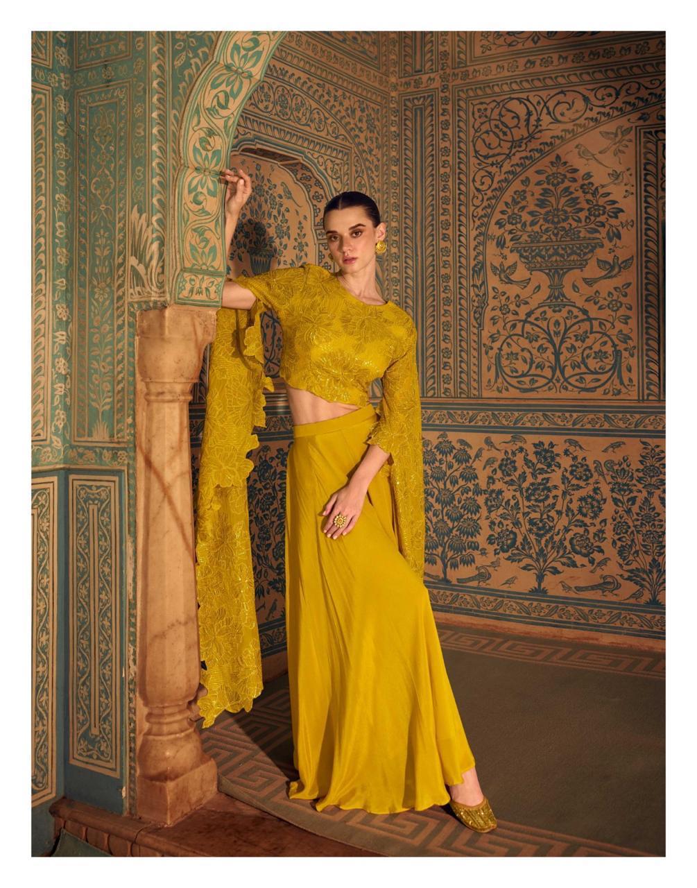 Mustard Yellow Embroidered Crop Top Lehenga Set with Designer Sleeves