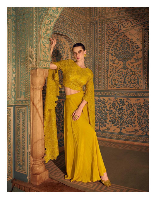Mustard Yellow Embroidered Crop Top Lehenga Set with Designer Sleeves