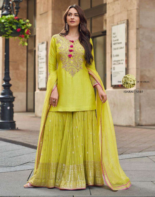 Lime Yellow Embroidered Kurta Sharara Set with Flowing Dupatta