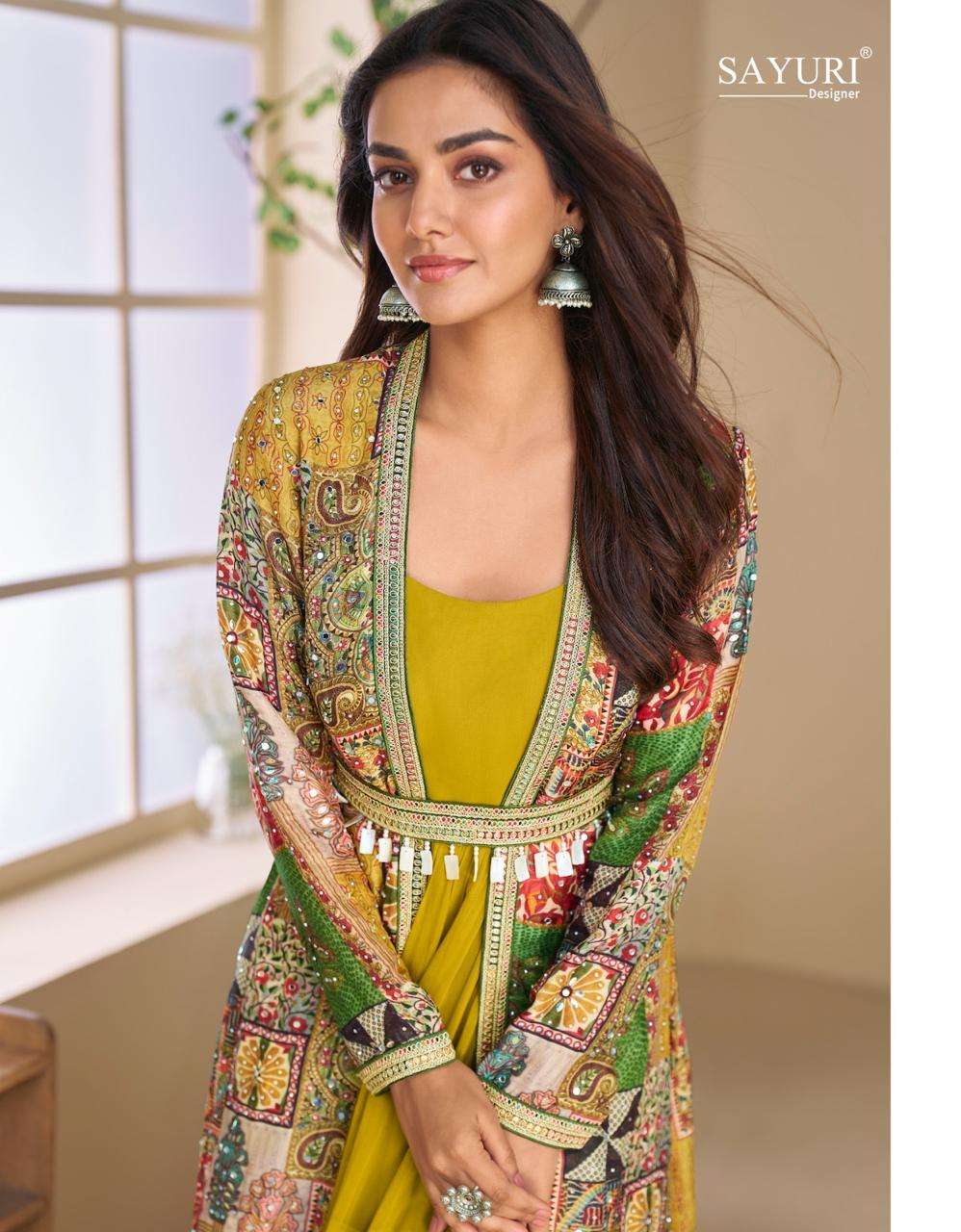 Mustard Yellow Ethnic Printed Jacket Style Anarkali Dress for Women