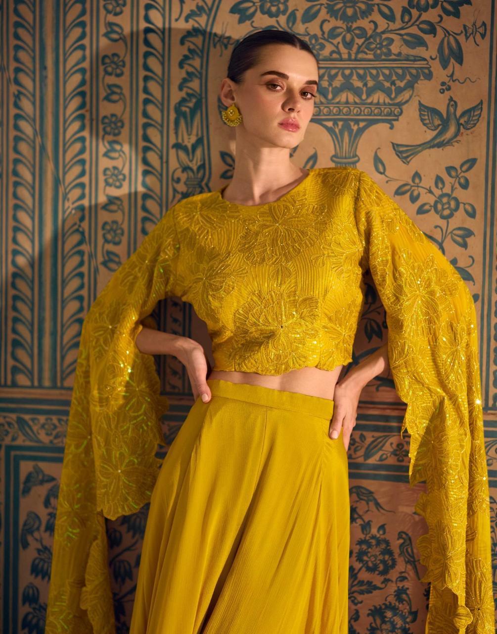 Mustard Yellow Embroidered Crop Top Lehenga Set with Designer Sleeves