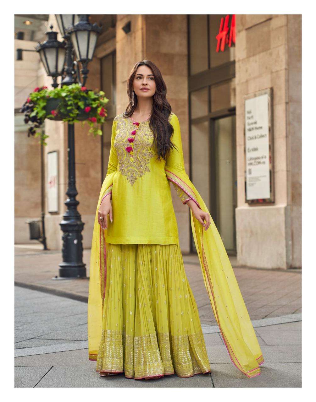Lime Yellow Embroidered Kurta Sharara Set with Flowing Dupatta