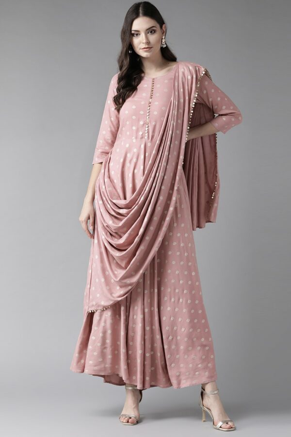 Ahalyaa Dusty Pink & Golden Ethnic Motifs Printed Maxi Dress With Attached Dupatta