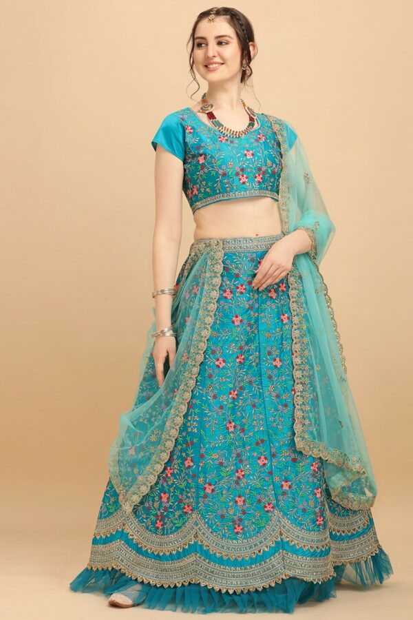 Amrutam Fab Turquoise Blue & Pink Embroidered Thread Work Ready to Wear Lehenga & Unstitched Blouse With