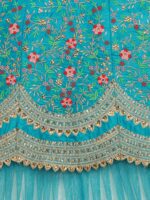Amrutam Fab Turquoise Blue & Pink Embroidered Thread Work Ready to Wear Lehenga & Unstitched Blouse With - Image 3