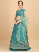 Amrutam Fab Turquoise Blue & Pink Embroidered Thread Work Ready to Wear Lehenga & Unstitched Blouse With - Image 5