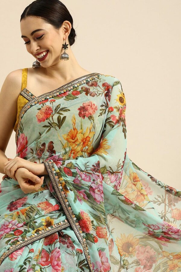 Anouk Sea Green & Yellow Pure Georgette Floral Printed Saree