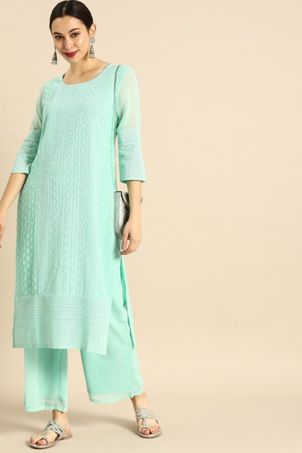 Anouk Women Blue Embroidered Kurta with Palazzos