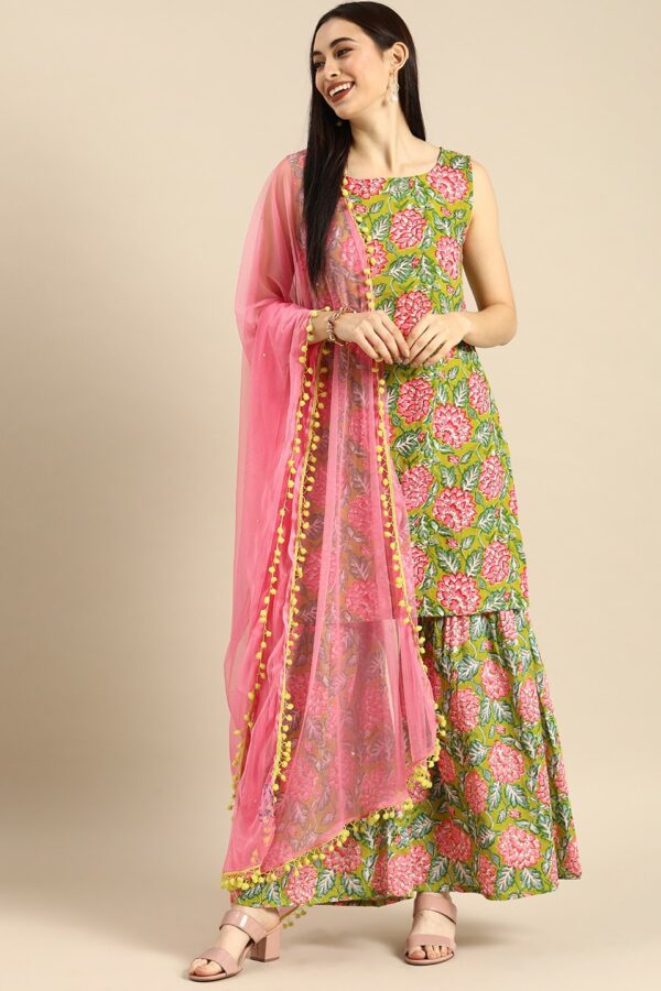 Anouk Women Green & Pink Floral Printed Kurta with Sharara & Dupatta