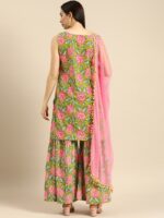 Anouk Women Green & Pink Floral Printed Kurta with Sharara & Dupatta - Image 6