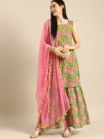 Anouk Women Green & Pink Floral Printed Kurta with Sharara & Dupatta - Image 7