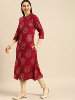 Anouk Women Maroon & Gold-Toned Floral Embellished Kurta - Image 4