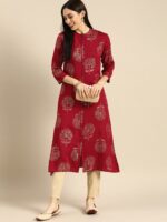 Anouk Women Maroon & Gold-Toned Floral Embellished Kurta - Image 6