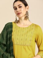 Anouk Women Mustard Yellow Yoke Design Foil Printed Kurta with Trousers & Dupatta