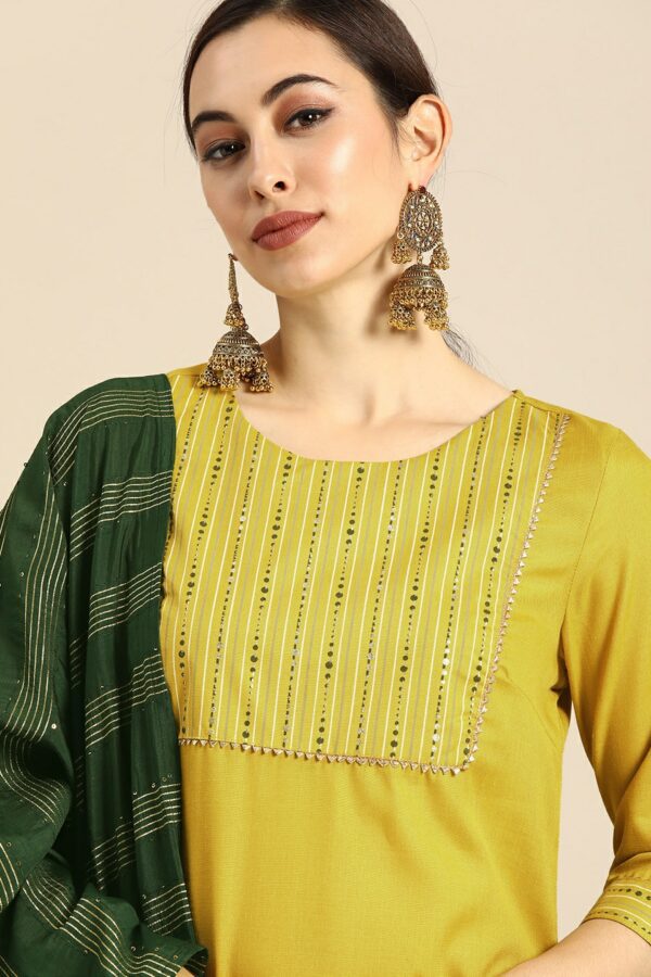 Anouk Women Mustard Yellow Yoke Design Foil Printed Kurta with Trousers & Dupatta