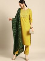 Anouk Women Mustard Yellow Yoke Design Foil Printed Kurta with Trousers & Dupatta - Image 7