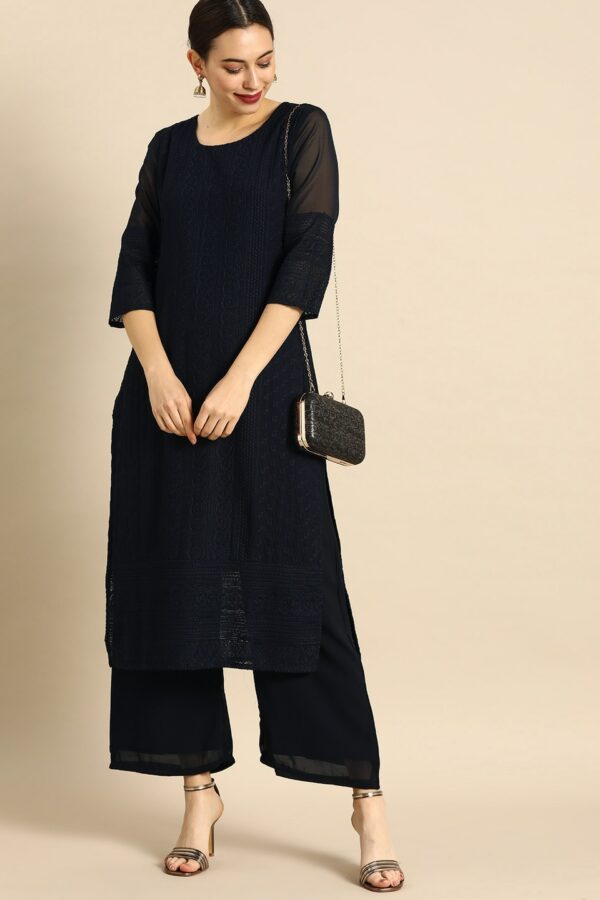 Anouk Women Navy Blue Embroidered Kurta with Palazzos
