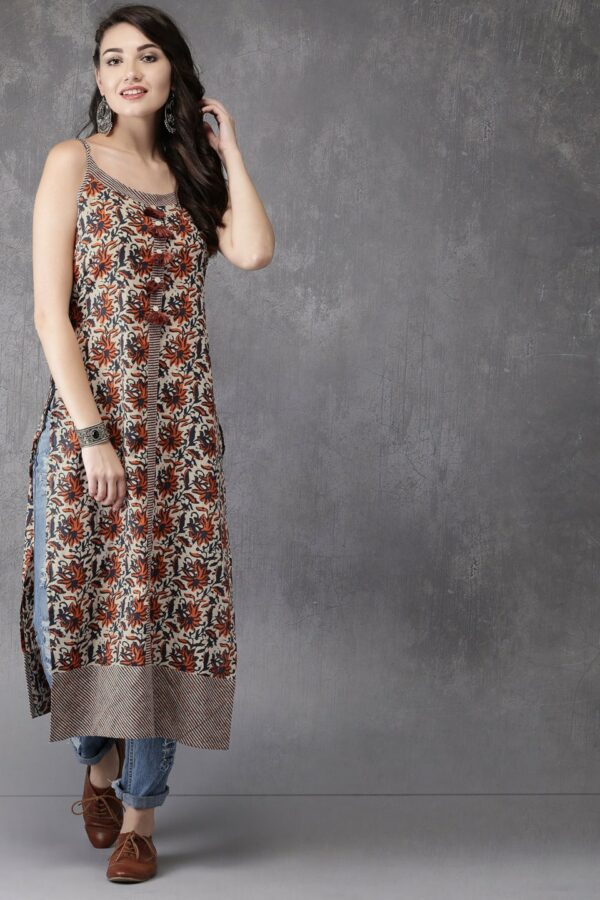 Anouk Women Off-White & Navy Printed A-Line Kurta