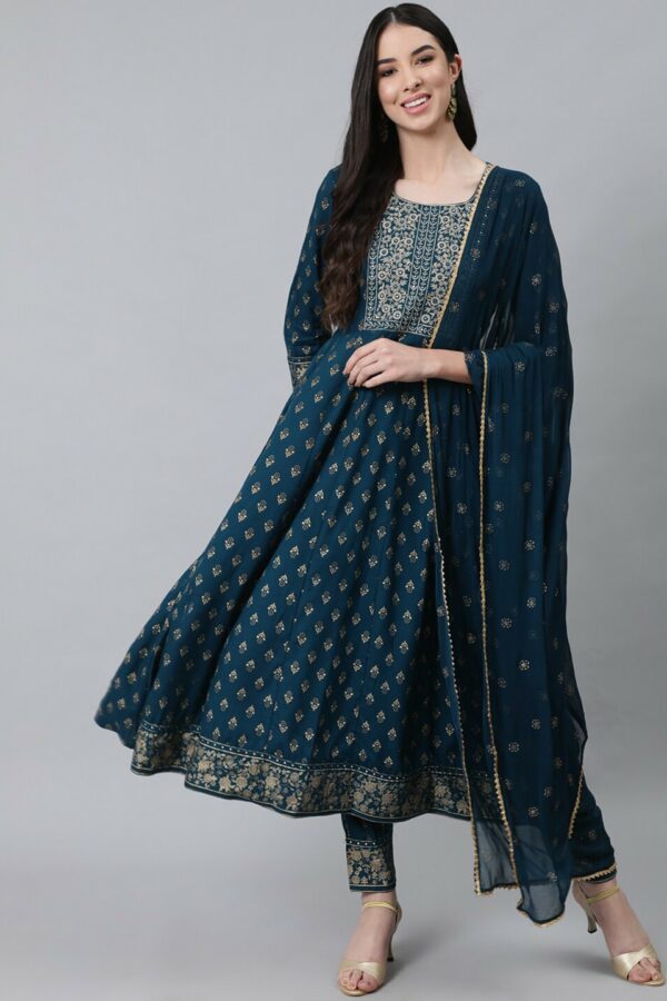 Anubhutee Women Navy Blue Ethnic Motifs Embroidered Thread Work Kurta with Trousers & With Dupatta