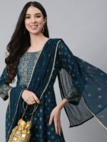 Anubhutee Women Navy Blue Ethnic Motifs Embroidered Thread Work Kurta with Trousers & With Dupatta - Image 6