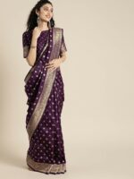 Inddus Purple & Golden Silk Blend Woven Design Banarasi Saree - Image 2