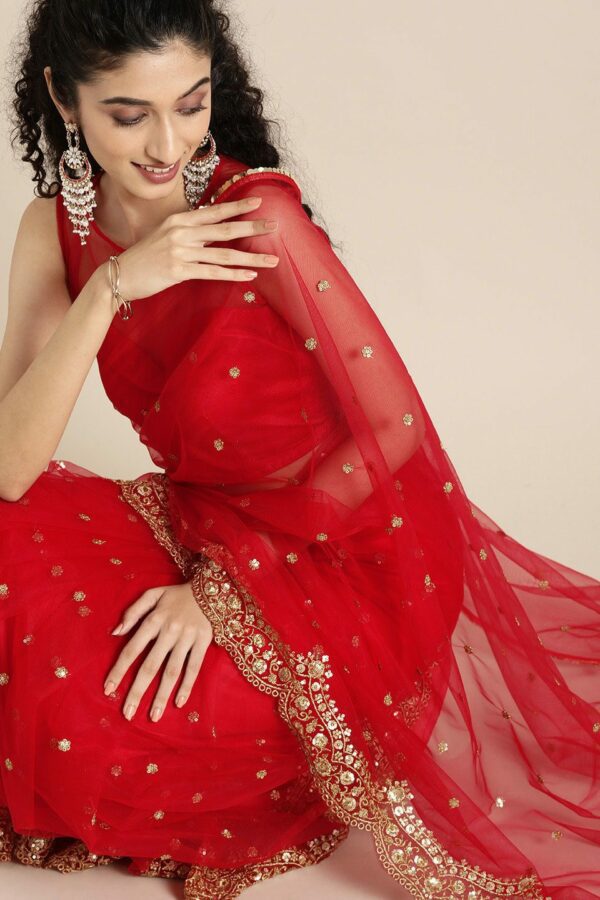 Inddus Red & Gold-Toned Net Embroidered Saree