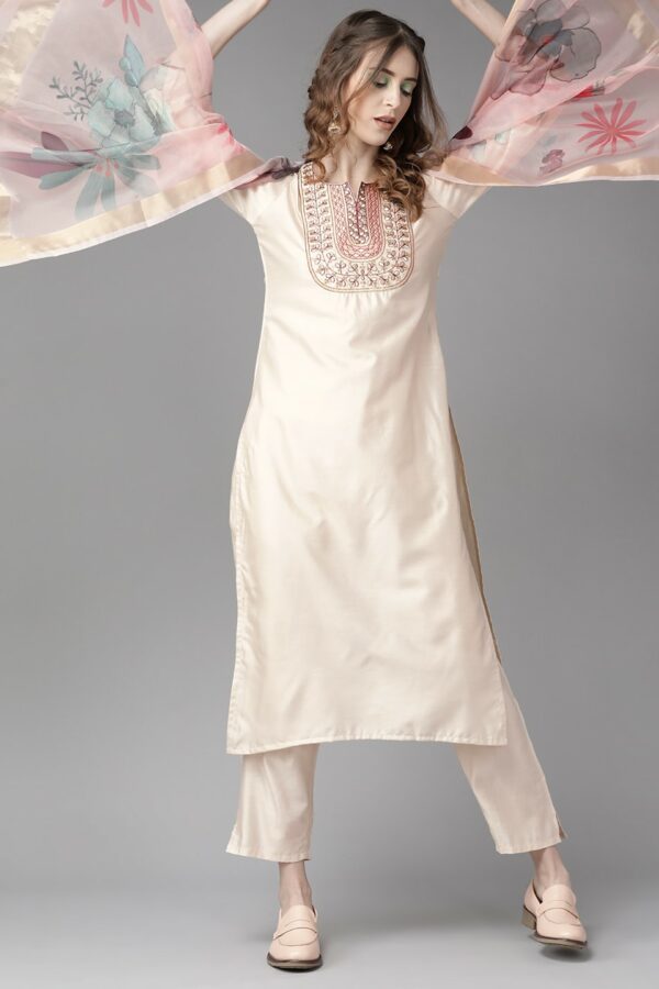 Indo Era Beige & Maroon Zari Embroidered Straight Kurta Palazzo With Dupatta Set