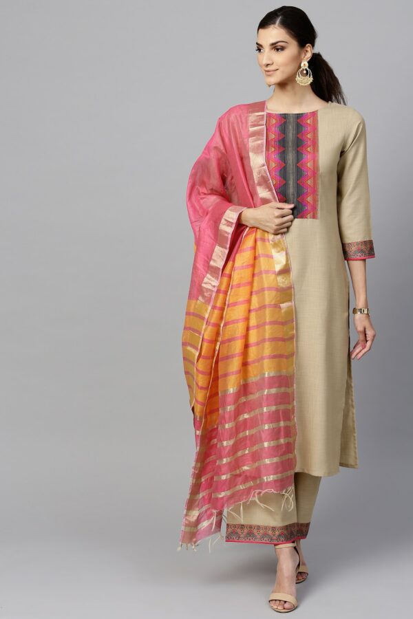 Indo Era Muted Hazelnut Geometric Yoke Kurta Set