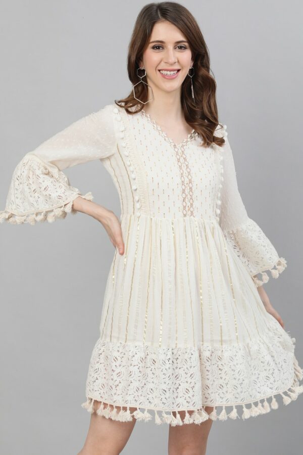 Ishin Off-White Self Design Fit and Flare Dress