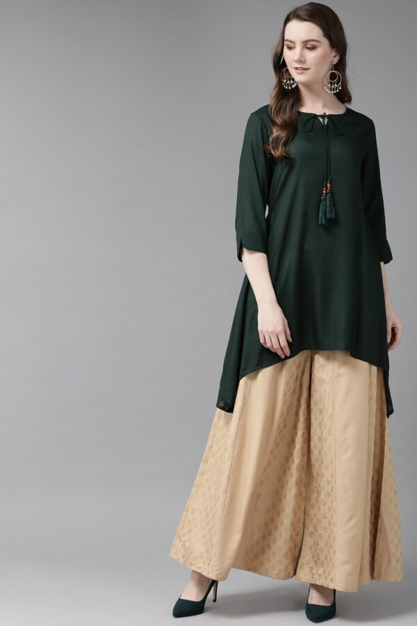 Juniper Women Green Rayon Slub Asymmetric A-Line Kurti