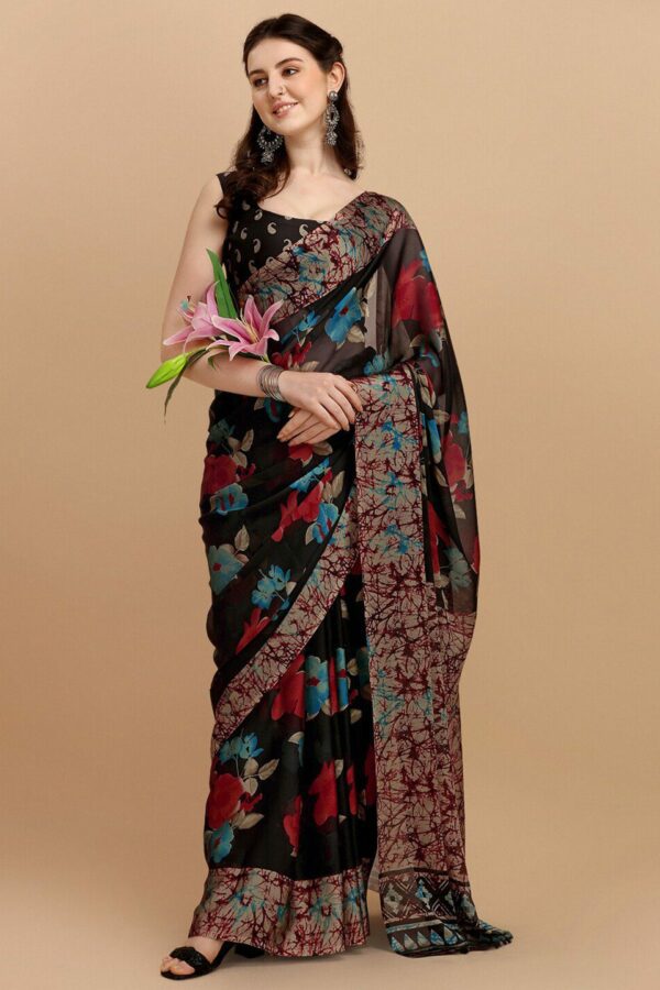 KALINI Black & Red Floral Printed Saree