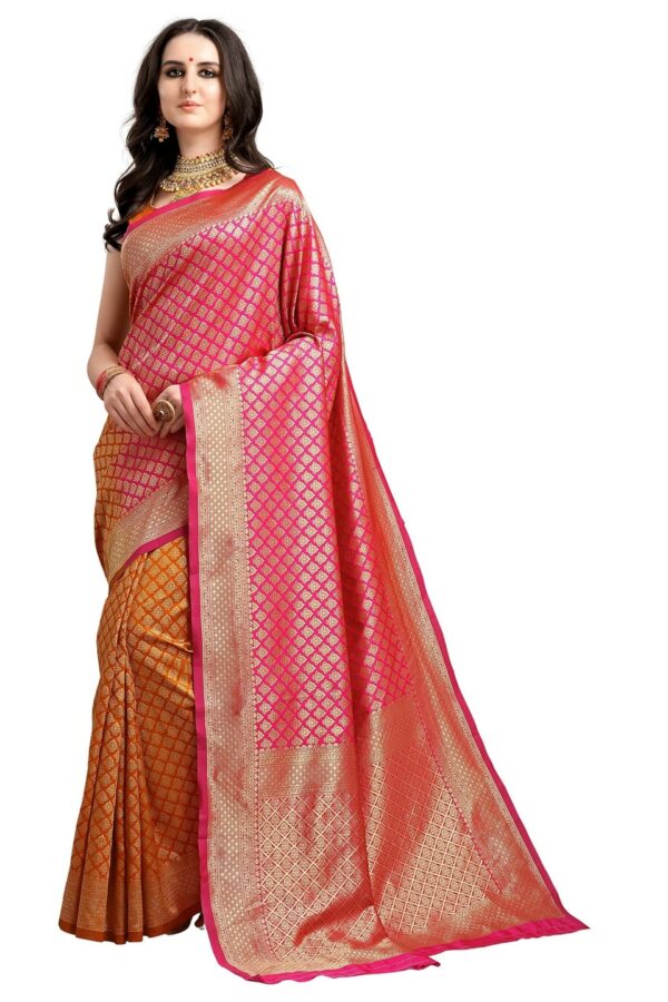KALINI Pink & Mustard Yellow Ethnic Motifs Woven Design Half & Half Kanjeevaram Saree