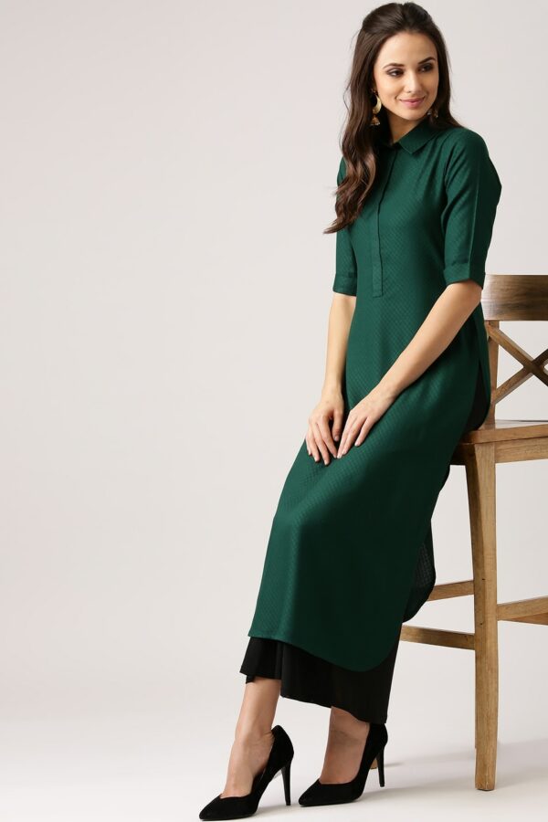 Libas Hunter Green Patterned Viscose Pathani Kurta With Shirt Collar